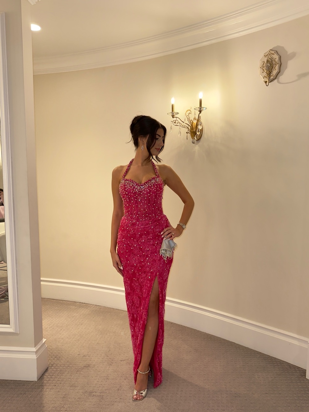 Halter Neck Hot Pink Sequin Maxi Dress